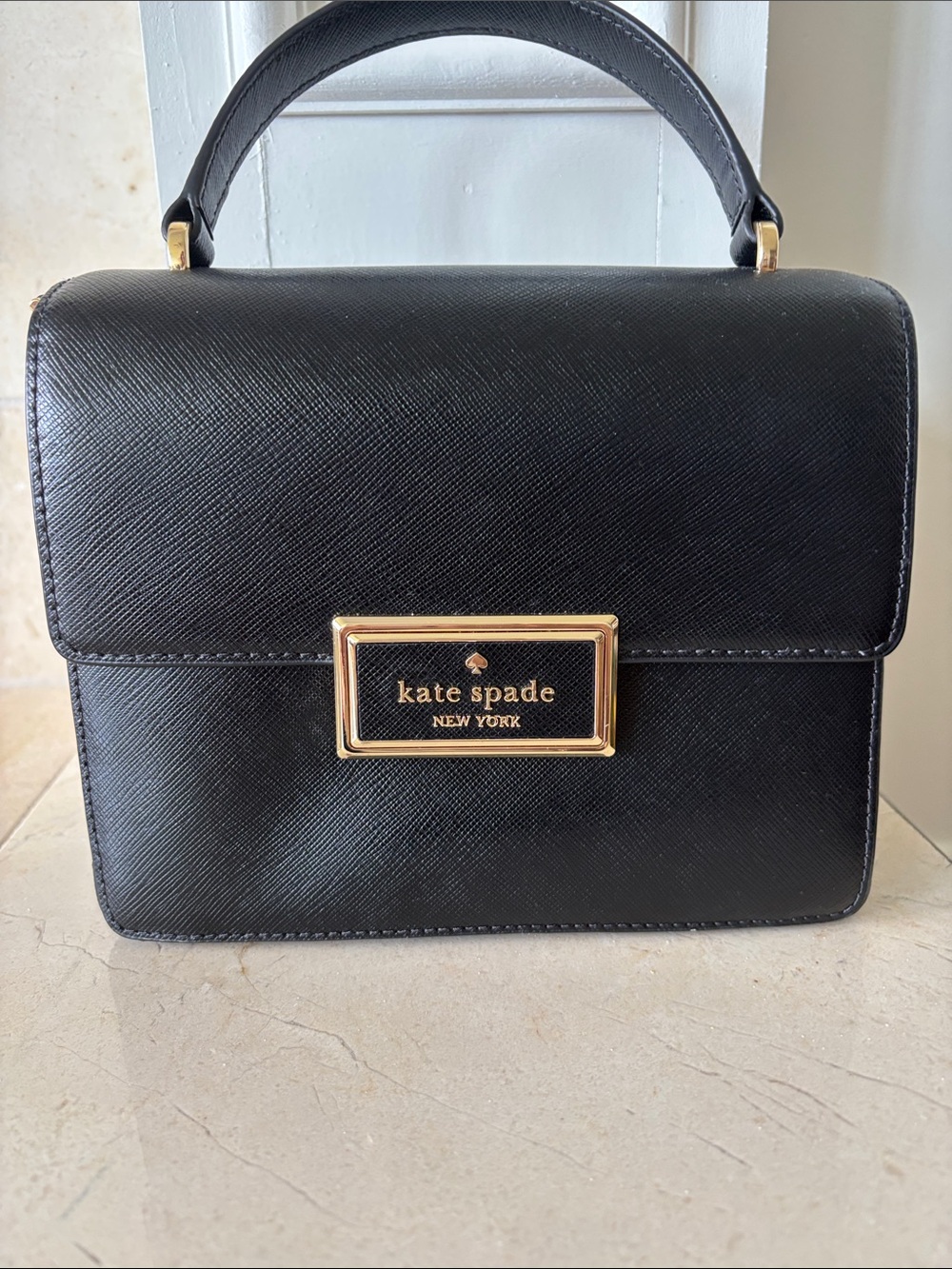 kate spade Black Saffiano Leather Mini Top-Handle Bag with Gold Plaque